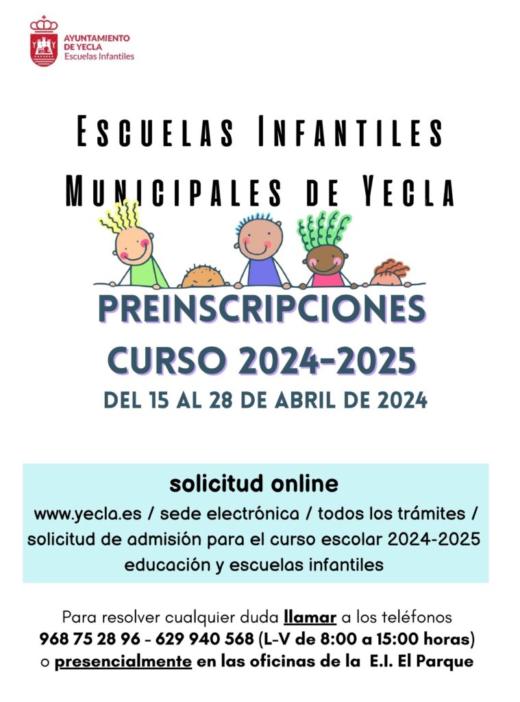 Cartel anunciando el periodo de preinscripción para el curso 2024/2025 en las Escuelas Infantiles Municipales. El plazo de preinscripción será del 15 al 28 de abril.