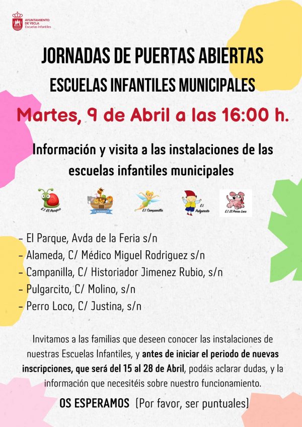 Cartel anunciando una jornada de puertas abiertas en todas las Escuelas Infantiles Municipales el próximo 9 de abril a las 16:30 horas.